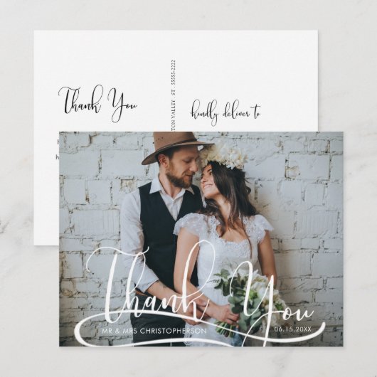Hand Script Photo 結婚's Thank You ポストカード (正面/裏面)
