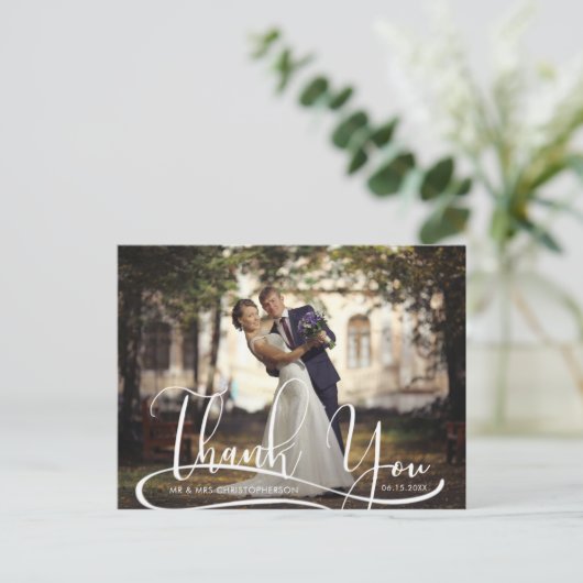 Hand Script Two Photo 結婚's Thank You ポストカード (スタンド正面)