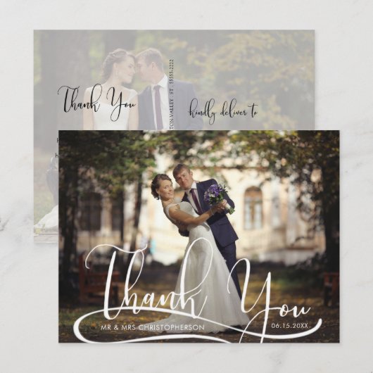 Hand Script Two Photo 結婚's Thank You ポストカード (正面/裏面)