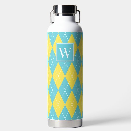 Hand Stitched Argyle - Yellow & Turquoise Monogram ウォーターボトル (正面)