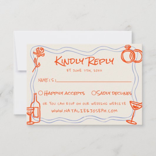 Hand Written Drawn Blue Orange Funky Wedding 出欠カード (正面)