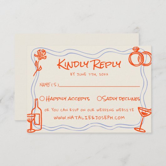 Hand Written Drawn Blue Orange Funky Wedding 出欠カード (正面/裏面)