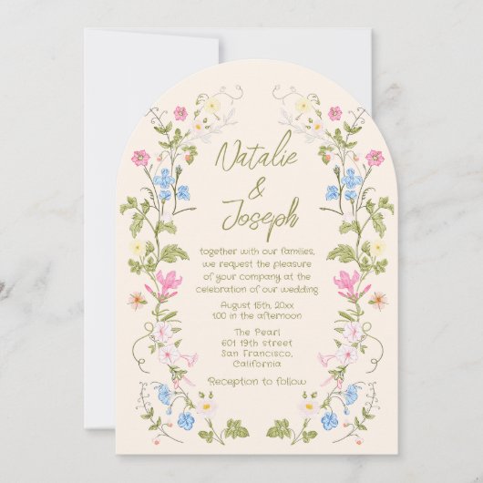 Hand Written Drawn Floral Summer Arched Wedding 招待状 (正面)