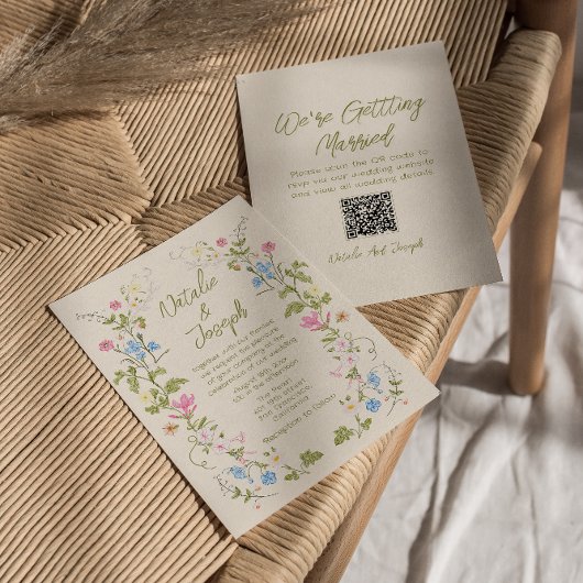 Hand Written Drawn Floral Summer QR Code Wedding 招待状