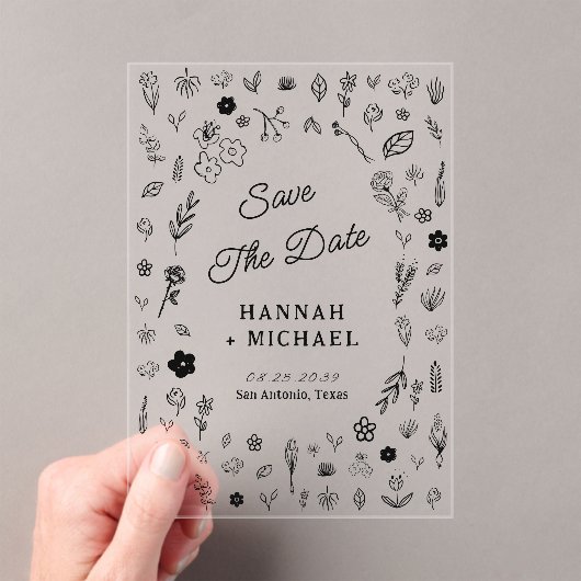 Hand Written Drawn Sketch Flowers Wedding アクリル招待状 (インサイチュ (ポータブル))