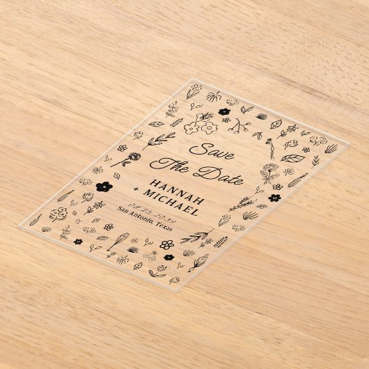 Hand Written Drawn Sketch Flowers Wedding アクリル招待状 (レイダウン)