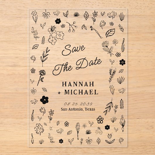 Hand Written Drawn Sketch Flowers Wedding アクリル招待状 (正面)