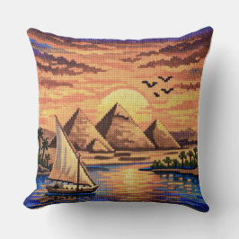 Handcrafted-Effect Giza Pyramids & Nile Sunset  クッション