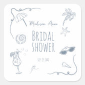 HandDrawn Beach Doodle Illustrations Bridal Shower スクエアシール (正面)