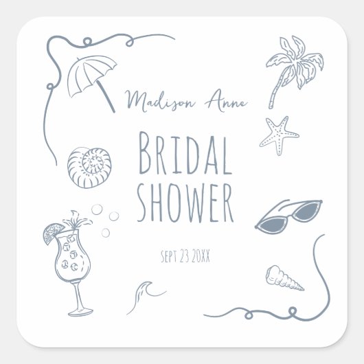 HandDrawn Beach Doodle Illustrations Bridal Shower スクエアシール (正面)