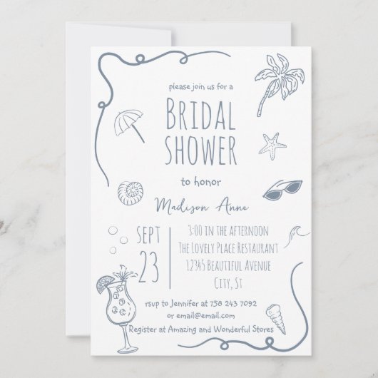 HandDrawn Beach Doodle Illustrations Bridal Shower 招待状 (正面)