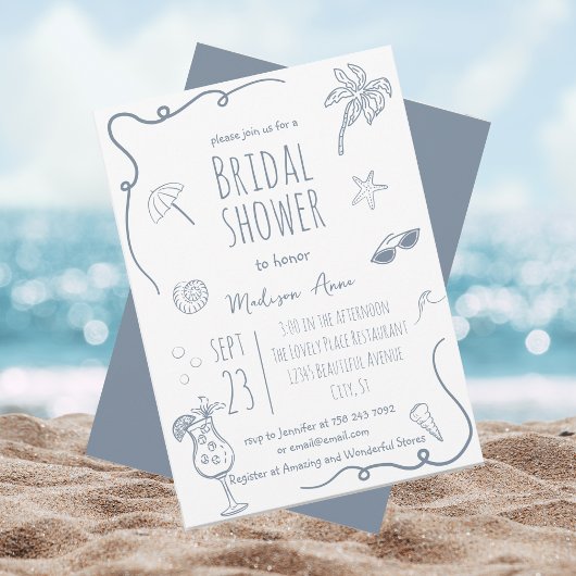 HandDrawn Beach Doodle Illustrations Bridal Shower 招待状