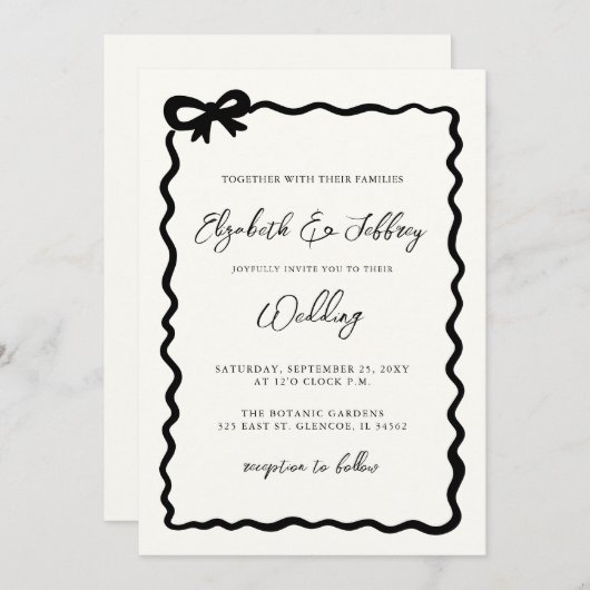 Handdrawn Black Bow Modern Chic Wedding 招待状 (正面/裏面)