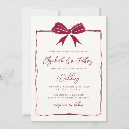 Handdrawn Bow Coquette Modern Chic Wedding 招待状 (正面)