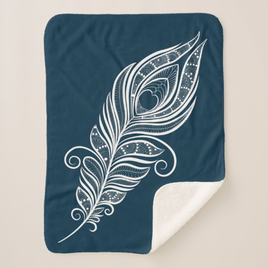 Handdrawn peacock feather in henna style シェルパブランケット (正面)