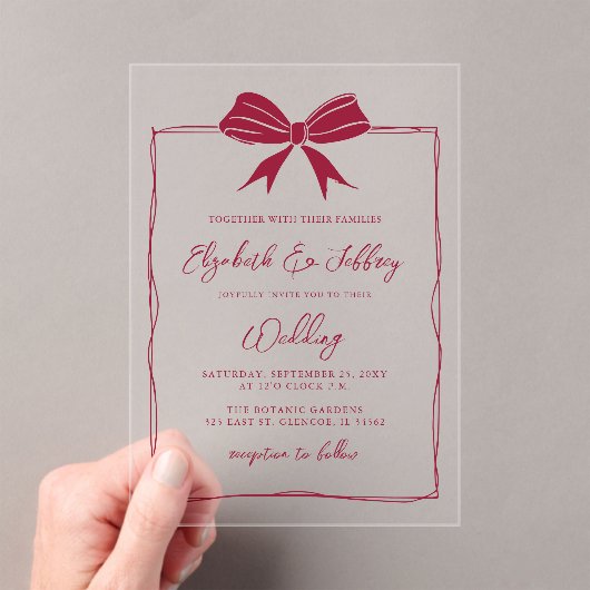 Handdrawn Red Bow Coquette Modern Chic Wedding  アクリル招待状 (インサイチュ (ポータブル))