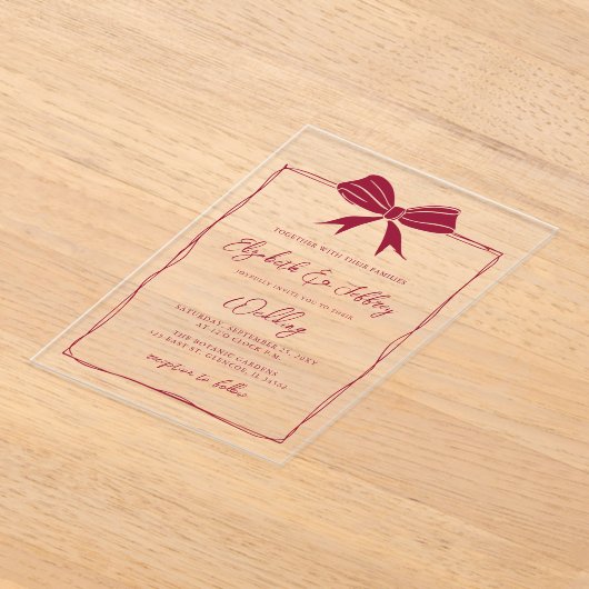 Handdrawn Red Bow Coquette Modern Chic Wedding アクリル招待状 (レイダウン)