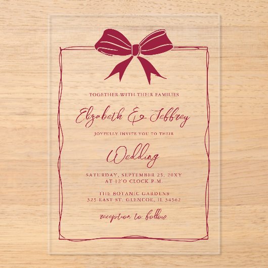 Handdrawn Red Bow Coquette Modern Chic Wedding  アクリル招待状 (正面)