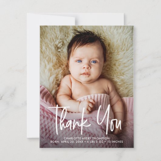 Handletteringモダン Baby Girl写真誕生の状態 サンキューカード (正面)