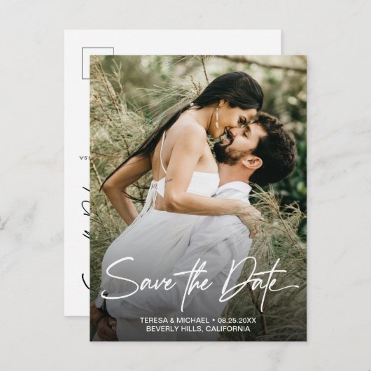 Handlettering日付を保存カスタムする写真婚約したA 案内ポストカード (正面/裏面)