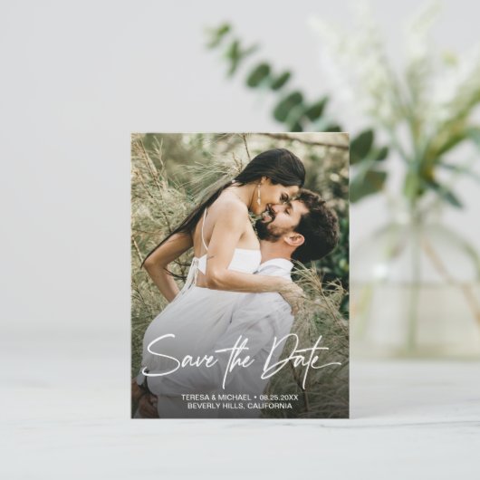 Handlettering日付を保存カスタムする写真婚約したA 案内ポストカード (スタンド正面)