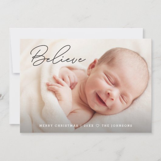 Handlettering Believe Baby Christmas Custom Photo シーズンカード (正面)