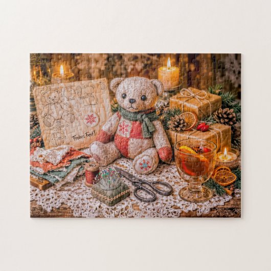 Handmade Teddy Bear with Christmas Gifts and Cozy  ジグソーパズル (横)