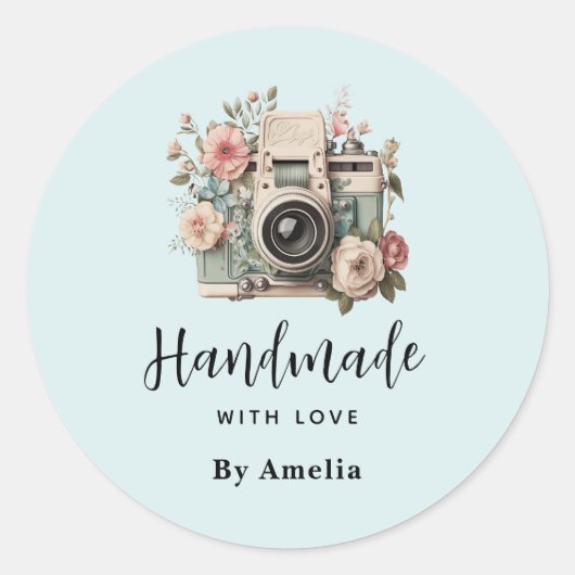 Handmade with Love Camera with Flowers Retro ラウンドシール (正面)
