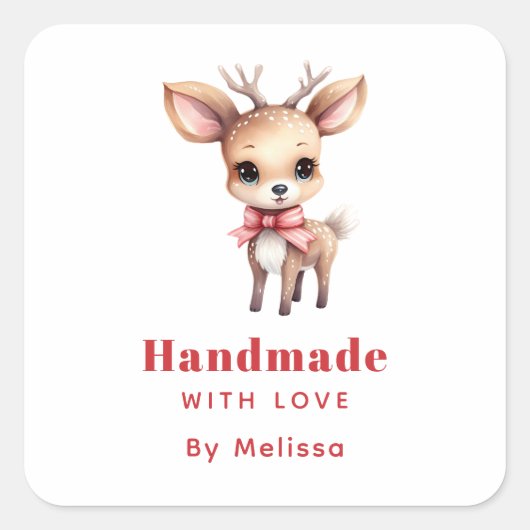 Handmade with Love Cute Baby Deer Cartoon Image スクエアシール (正面)