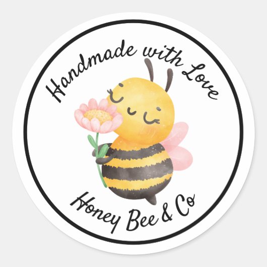 Handmade with Love. Cute Bee Personalized ラウンドシール (正面)