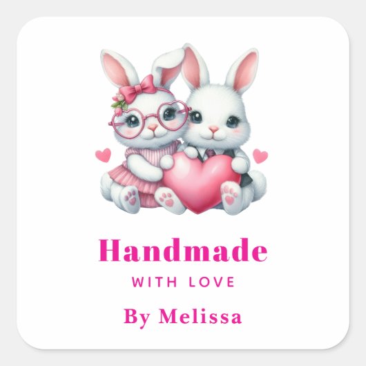 Handmade with Love Cute Bunnies Sharing a Heart スクエアシール (正面)