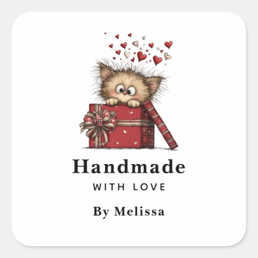 Handmade with Love Cute Cartoon Kitten with Hearts スクエアシール (正面)