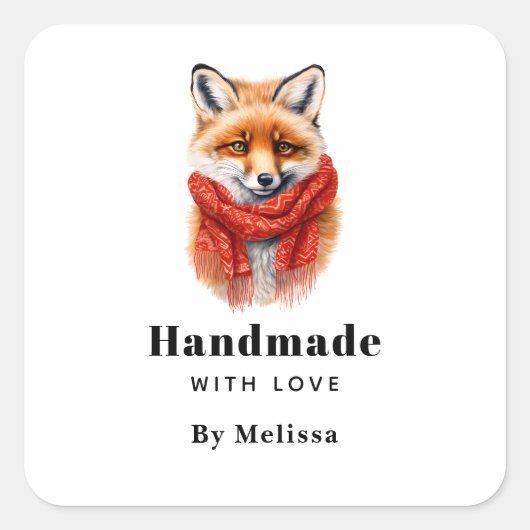 Handmade with Love Cute Fox in a Red Scarf スクエアシール (正面)