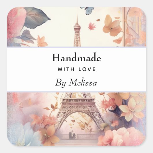 handmade with Love Eiffel Tower and Flowers スクエアシール (正面)