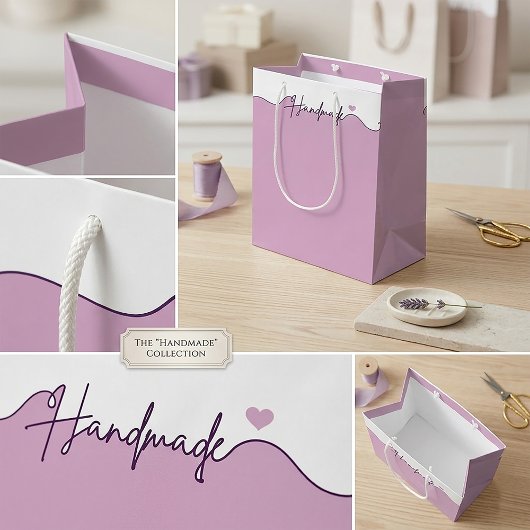 Handmade With Love Purple Small Business Packaging ミディアムペーパーバッグ