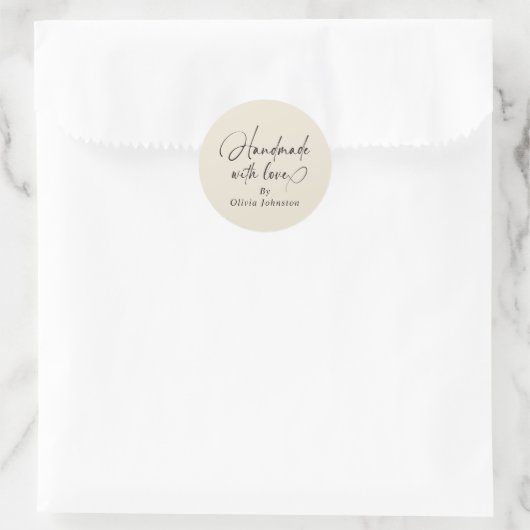 Handmade With Love Script Small Business | Ecru ラウンドシール (バッグ)