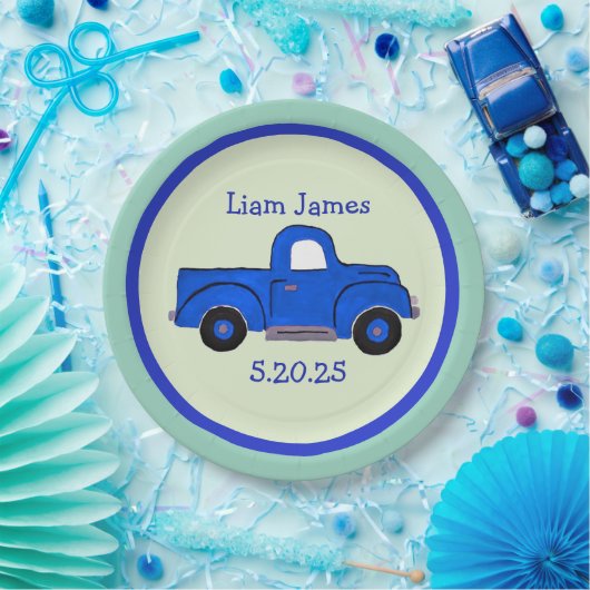 Handpainted Blue Truck Art Personalize ペーパープレート (パーティー)