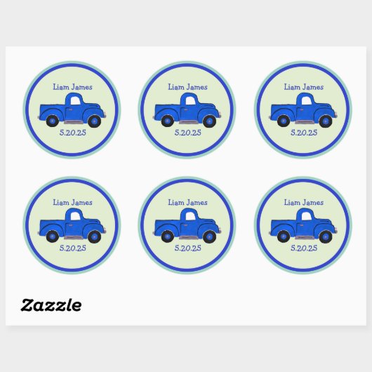 Handpainted Blue Truck Art, Personalize ラウンドシール (シート)