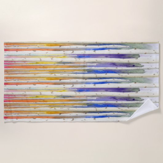 Handpainted rainbow sunset birch watercolor forest ビーチタオル (正面)