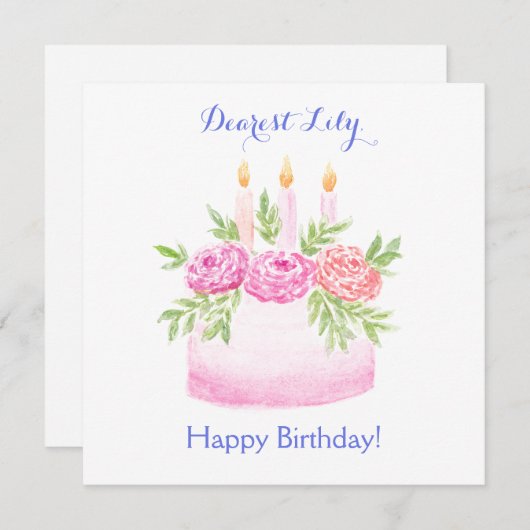 Handpainted Watercolor Floral BIRTHDAY Cake CARD (正面/裏面)