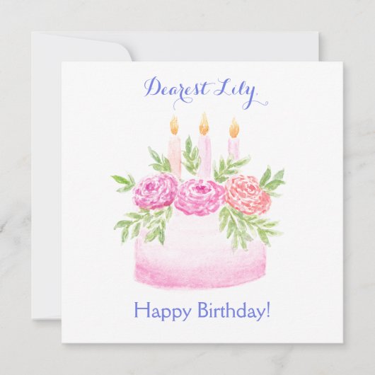 Handpainted Watercolor Floral BIRTHDAY Cake CARD (正面)