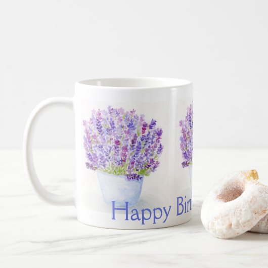 Handpainted Watercolor Lavender Floral BIRTHDAY コーヒーマグカップ (ドーナツ)