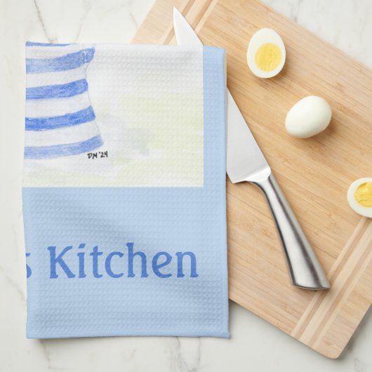 Handpainted Watercolor Tulips, Blue Stripe Pitcher キッチンタオル (四つ折り)