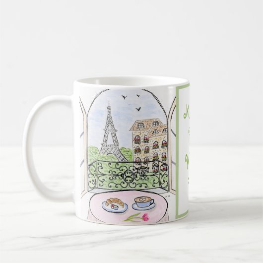 Handpainted Whimsical Paris Drawing PERSONALIZE コーヒーマグカップ (左)