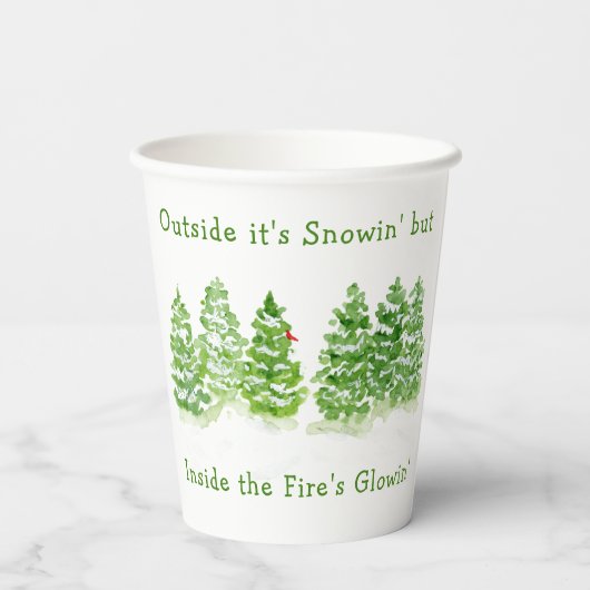 Handpainted Winter Trees Outside Snow Fires Glowin 紙コップ (裏面)
