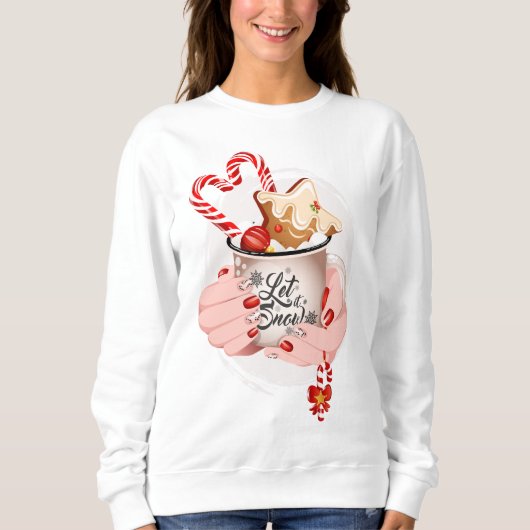 Hands Holding Cozy Hot Chocolate Mug Let it Snow スウェットシャツ (正面)