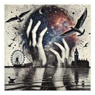 Hands on顔とBirds London Skyline、Big Ben フォトプリント
