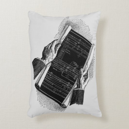 Hands w Architectural Blueprints、ヴィンテージ・ビジネス アクセントクッション (正面(垂直))
