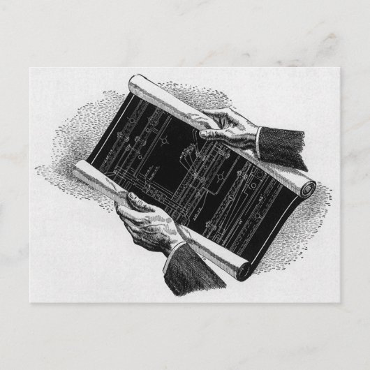 Hands w Architectural Blueprints、ヴィンテージ・ビジネス ポストカード (正面)