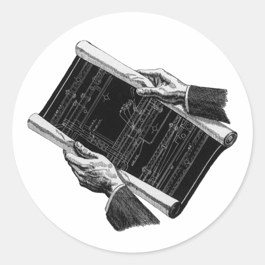 Hands w Architectural Blueprints、ヴィンテージ・ビジネス ラウンドシール (正面)